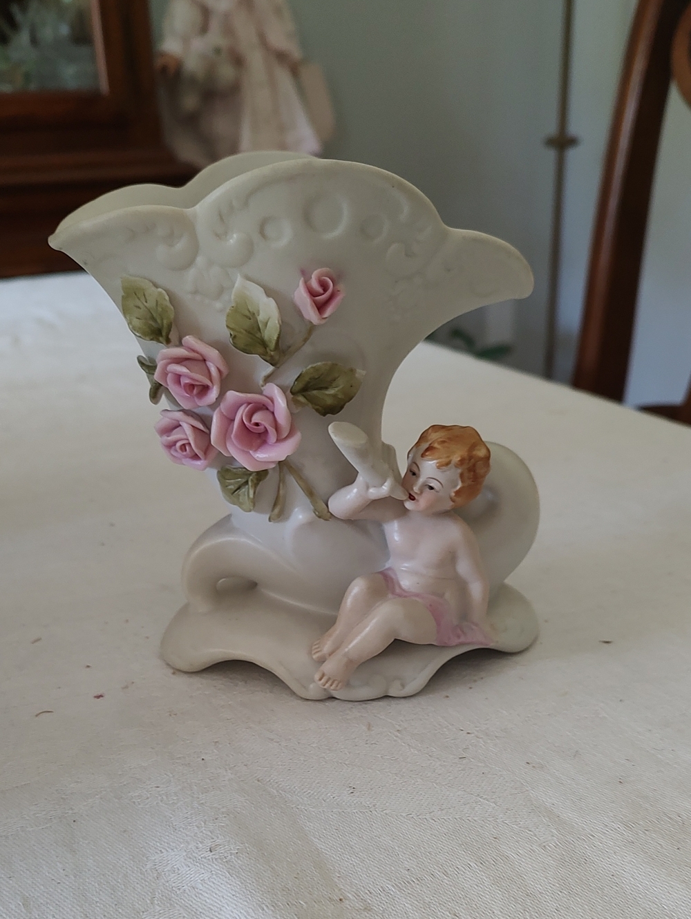 Gorgeous Porcelain Cherub Vase with Pink Rose Accents